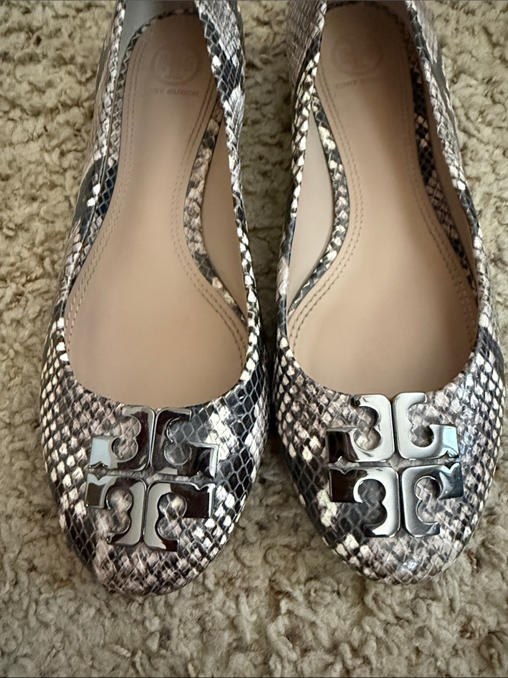 Tory Burch-Inspired Snakeskin Ballet Flats in Neutral Taupe/Gray, 9 - Picture 2 of 7
